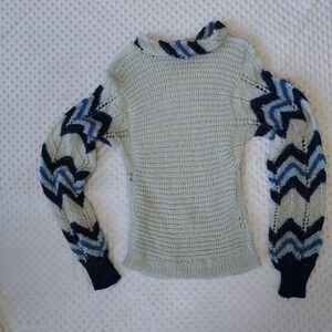 Vintage Mohair Blend Blue Sweater L/XL Zigzag Open Weave Long Pullover Sparkle